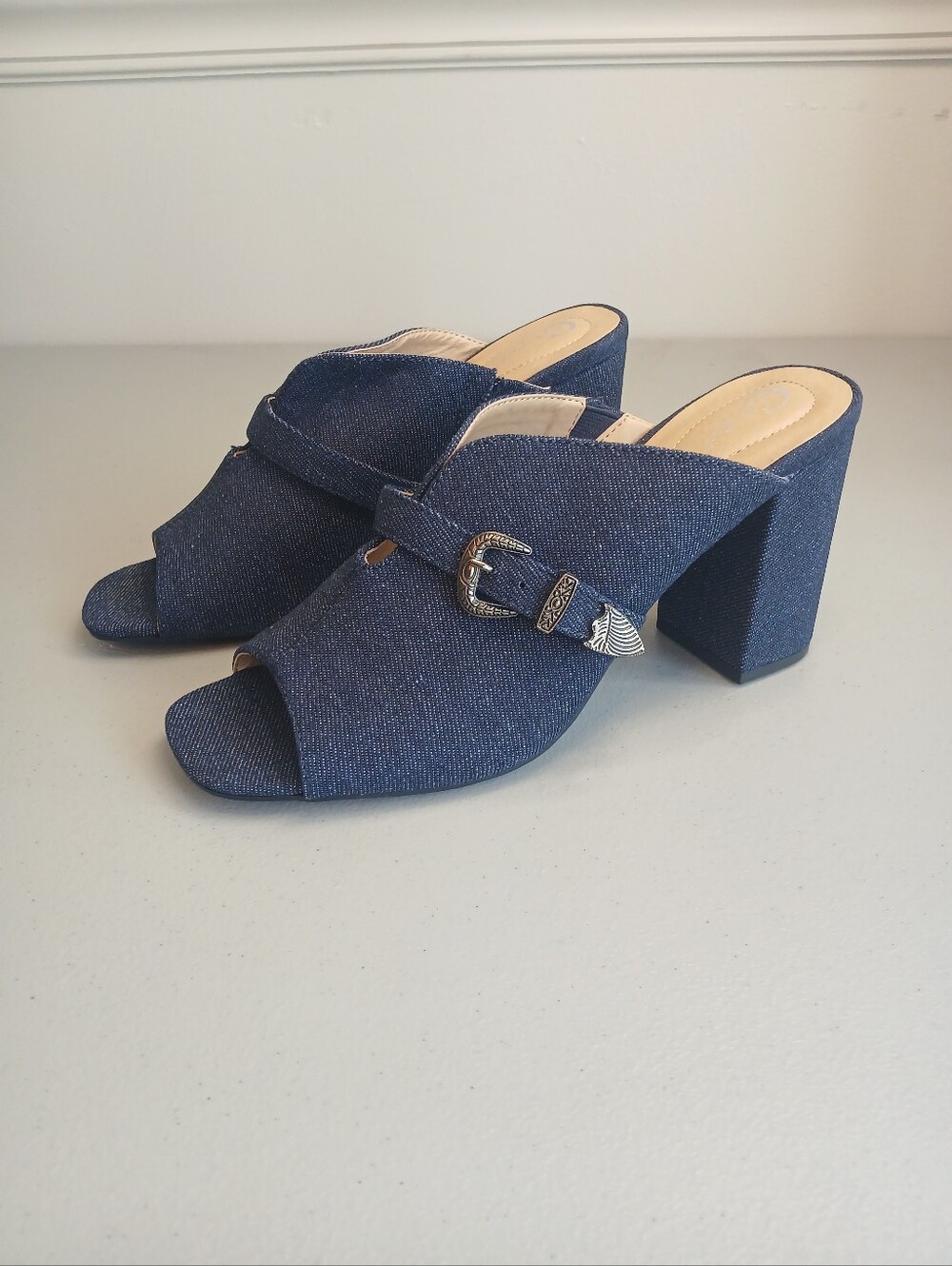 Dark Blue Denim Block Heel Open Toe Buckle Embellished Mules 10M NWOT